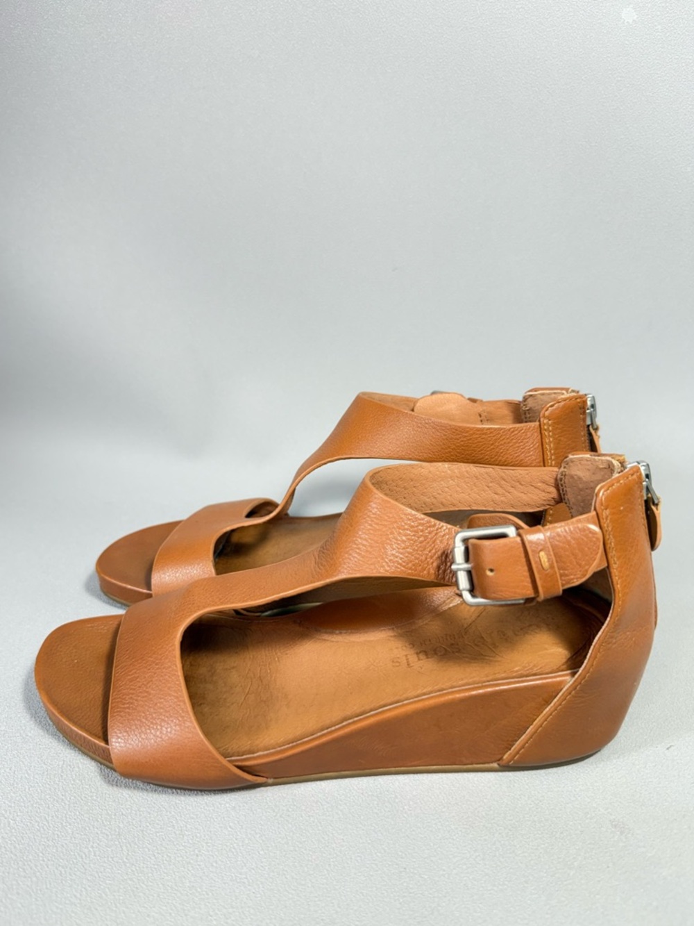 Gentle Souls Gisele Tan Leather T-Strap Wedge Sandals